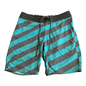 Volcom Board Shorts Mens Boys Size 28 Flat Front Blue Gray Striped Beach Swim